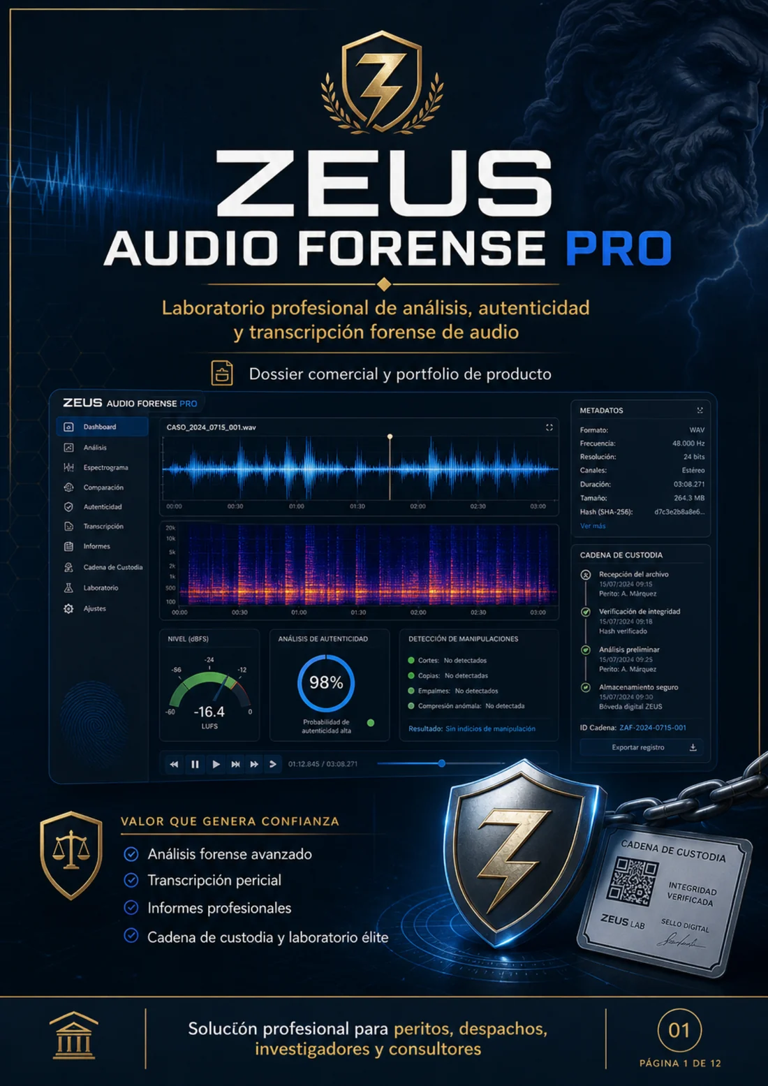 Dossier Zeus Audio Forense Pro con interfaz de análisis, espectrograma y cadena de custodia